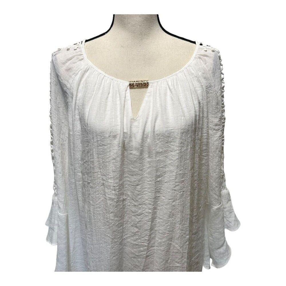 Indigo Rose Womens Dress White Bell Sleeve Mini Shift Boho Lattice Sleeve XL New - Picture 5 of 11